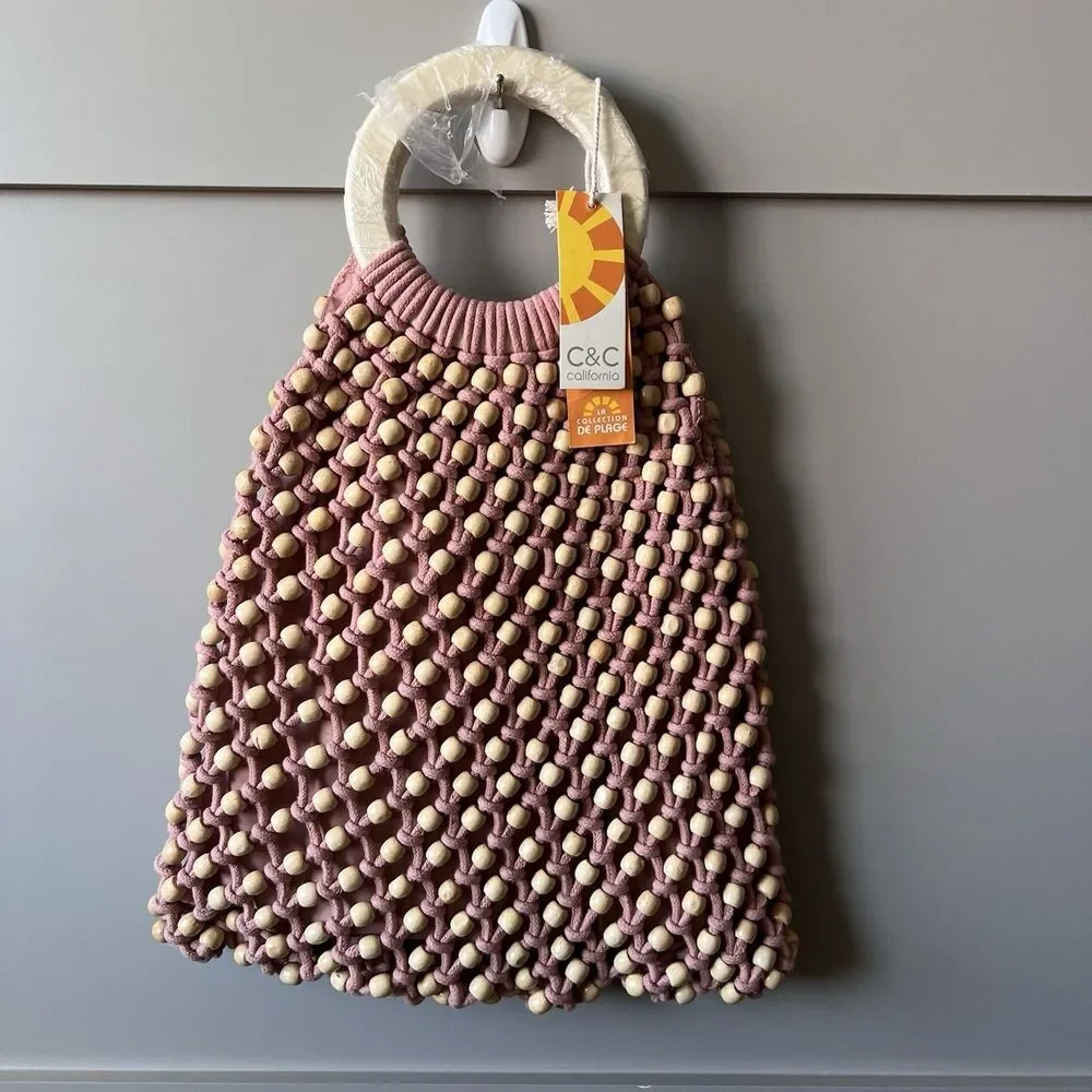 C & C California Macrame Net Wooden Beaded Handbag Purse Beach Boho Festival NEW